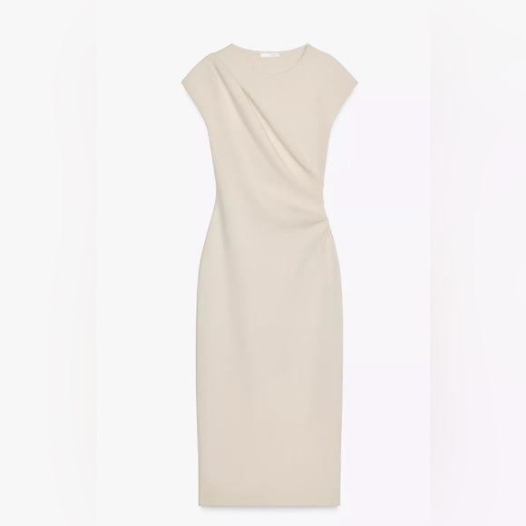 BNWOT Zara Cream MIDI DRESS WITH SIDE DRAPE size L - Picture 3 of 6